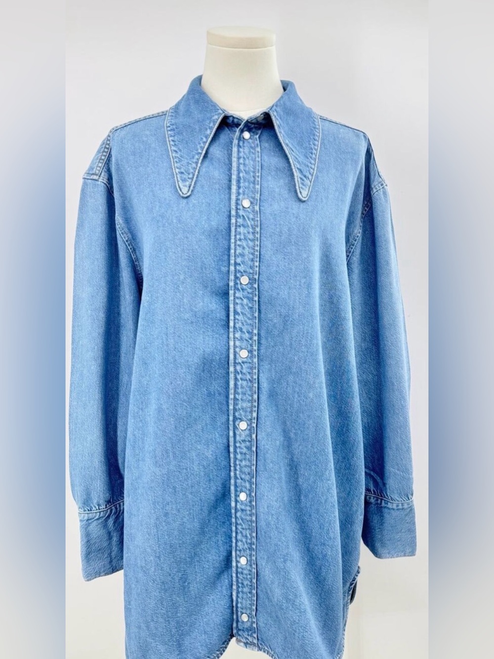 Ganni Denim Shirt Dress Large Collar Cut Out Back Jean Pearl Snap Western S / M